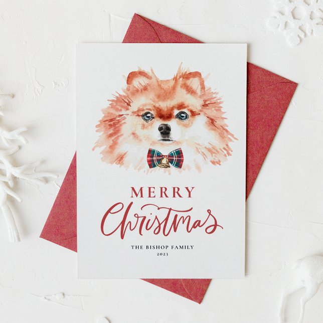 Cute Watercolor Pomeranian Dog Merry Christmas Holiday Card (Creator Uploaded)