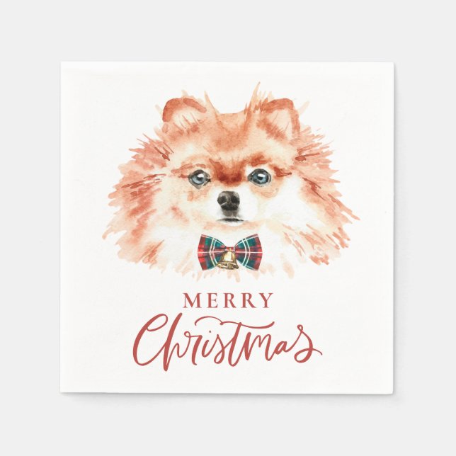 Cute Watercolor Pomeranian Dog Merry Christmas Napkin (Front)