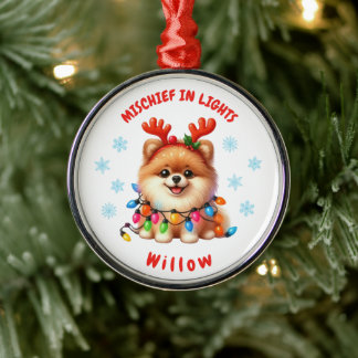 Cute Watercolor Pomeranian Festive Snowflakes Dog Metal Tree Decoration