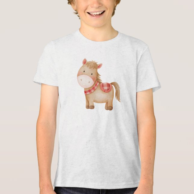 Cute Watercolor Pony Nursery Animal Illustration Tri-Blend Shirt (Front)