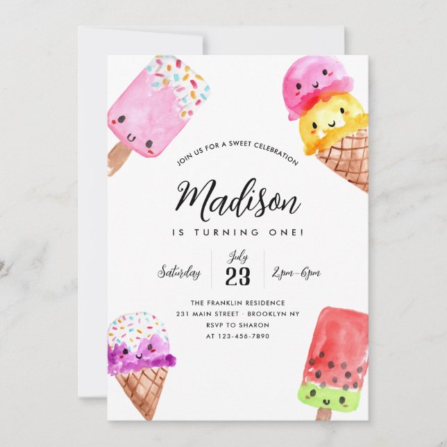 Cute Watercolor Popsicle Cone Ice Cream Birthday Invitation (Front)