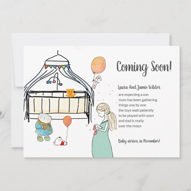 Cute Watercolor Pregnancy Baby Boy Pregnancy Announcement (Front)