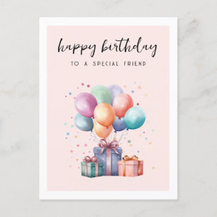Cute Watercolor Presents Balloons Friend Birthday Postcard