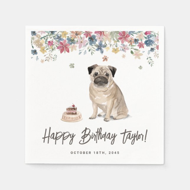 Cute Watercolor Pug Dog Birthday Party Napkin (Front)