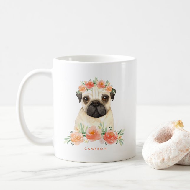 Cute Watercolor Pug Peach Floral Personalised Coffee Mug (With Donut)