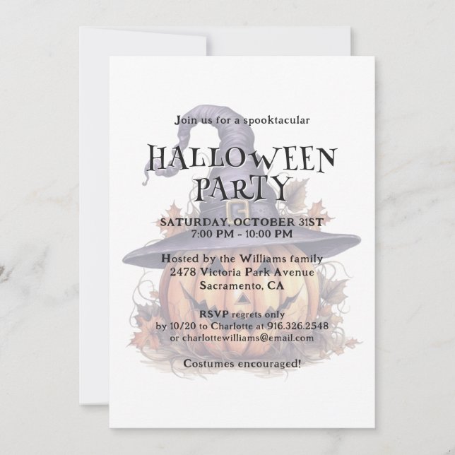Cute Watercolor Pumpkin In a Hat Halloween Party Invitation (Front)