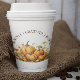 Cute Watercolor Pumpkin Thankful Grateful Blessed Paper Cups