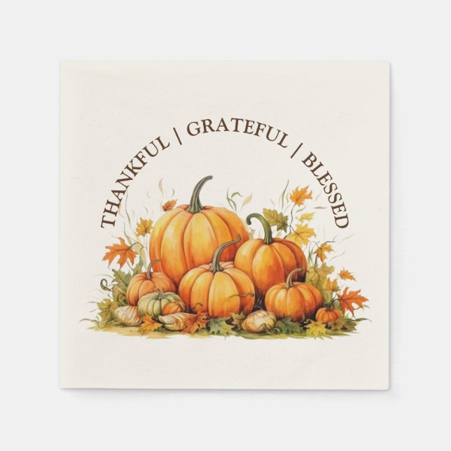Cute Watercolor Pumpkins Thankful Grateful Blessed Napkin (Front)