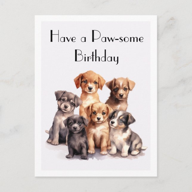 Cute Watercolor Puppies Happy Birthday Paw-some Postcard (Front)