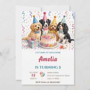 Cute Watercolor Puppies Party Cake Birthday Invitation
