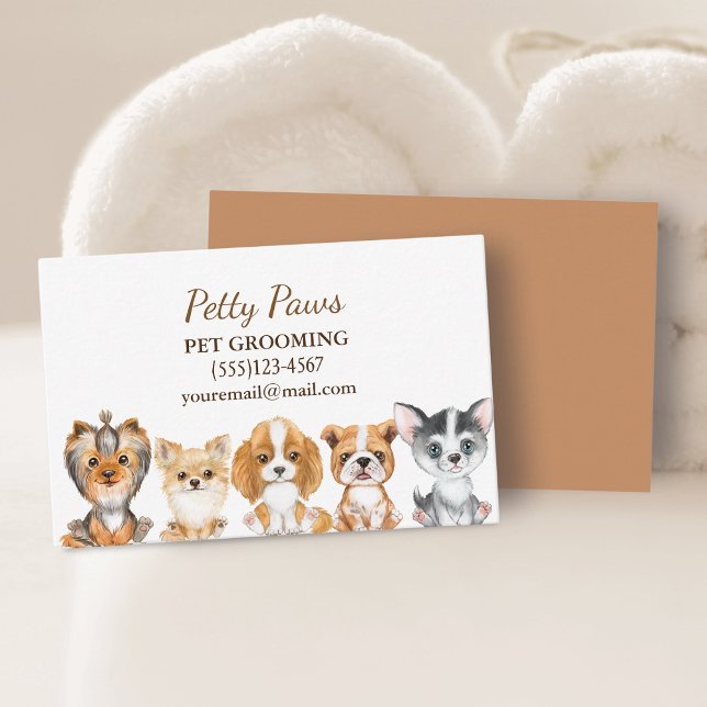 Cute Watercolor Puppies Pet Grooming Service Business Card (Creator Uploaded)