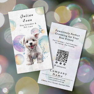 Cute Watercolor Puppy Bubble Suds Dog Groomer Business Card