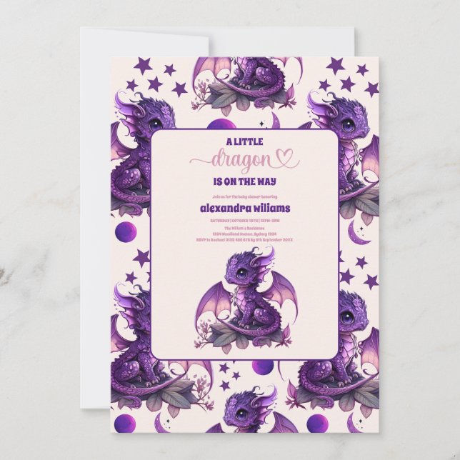 Cute Watercolor Purple Dragon Baby Shower Invitation (Front)
