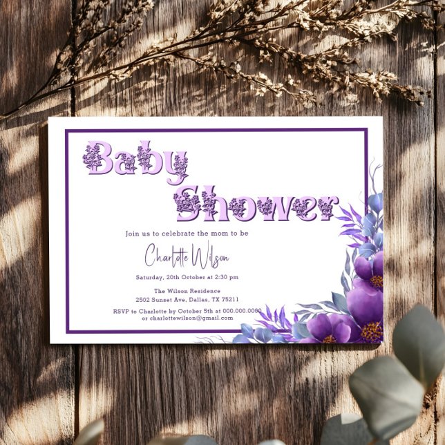 Cute Watercolor Purple Flower Baby Shower Invitation (Creator Uploaded)