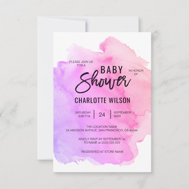 Cute Watercolor Purple Pink Peach Girl Baby Shower Invitation (Front)