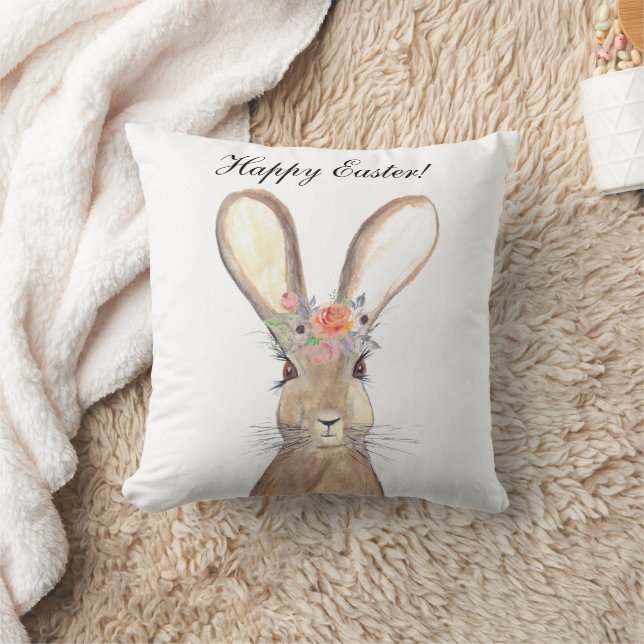 Cute Watercolor Rabbit Bunny Hare Easter Floral Cushion (Blanket)