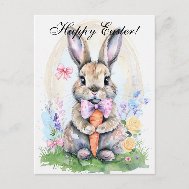 Cute Watercolor Rabbit Bunny Hare Easter Floral Postcard (Front)