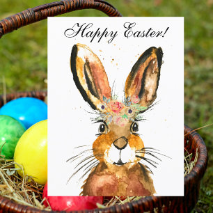 Cute Watercolor Rabbit Bunny Hare Easter Floral Postcard