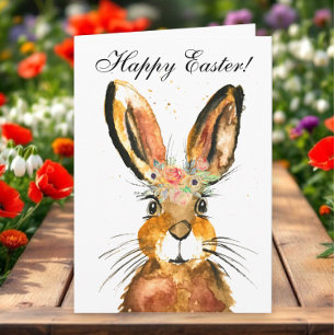 Cute Watercolor Rabbit Bunny Hare Easter Floral Thank You Card
