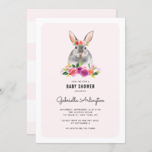 Cute Watercolor Rabbit Pink Floral Baby Shower Invitation