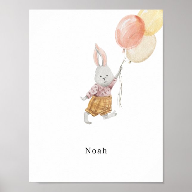 Cute Watercolor Rabbit With Balloons Name Poster (Front)