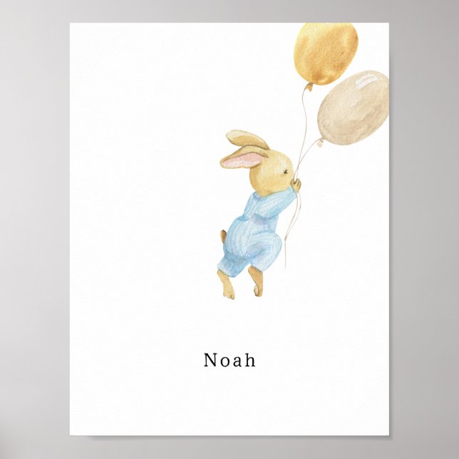 Cute Watercolor Rabbit With Balloons Name Poster (Front)