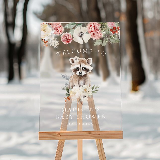 Cute Watercolor Racoon Baby Shower Welcome Acrylic Sign (Creator Uploaded)