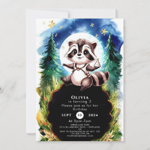 Cute Watercolor Racoon Birthday Invitation