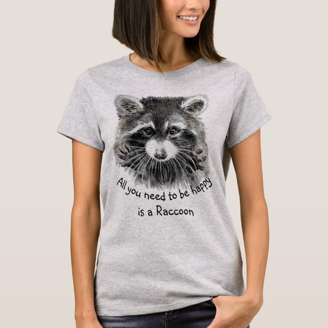 Cute Watercolor Racoon Choose Happy Inspirational T-Shirt (Front)