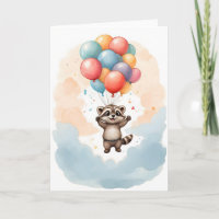 Cute Watercolor Racoon Colourful Balloons Blank