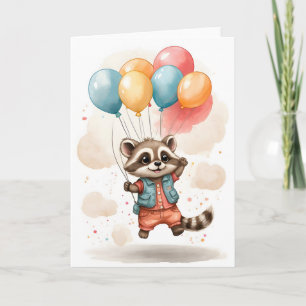 Cute Watercolor Racoon Jacket Balloons Blank Card