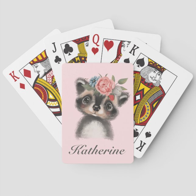 Cute Watercolor Racoon Pink Floral Playing Cards (Back)