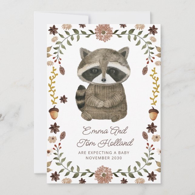 Cute Watercolor Racoon Pregnancy Announcement (Front)