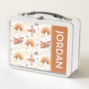 Cute Watercolor Rainbow Aeroplane Pattern Metal Lunch Box