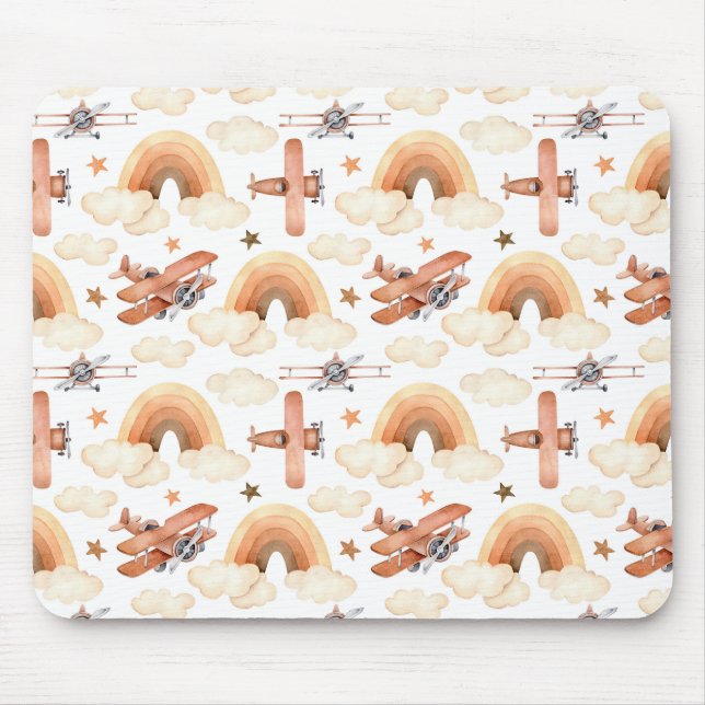Cute Watercolor Rainbow Aeroplane Pattern Mouse Pad (Front)
