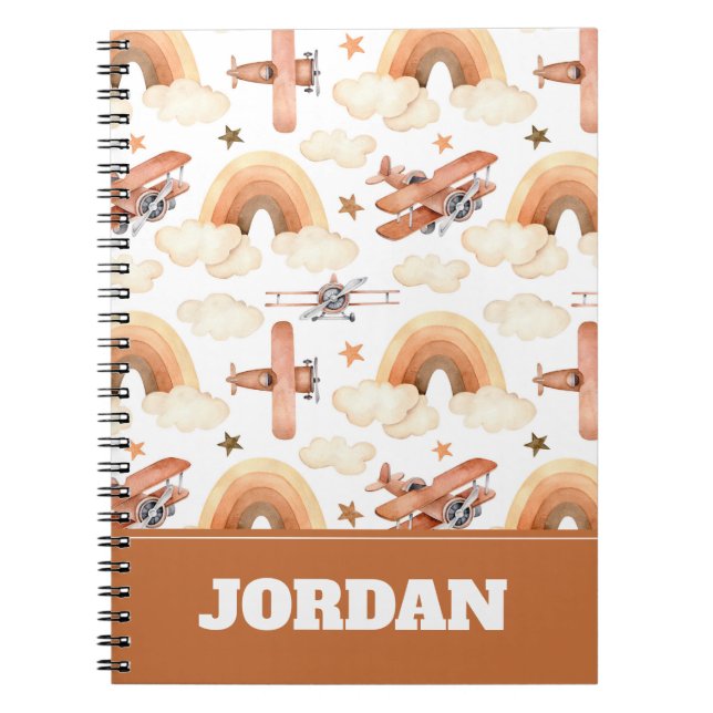 Cute Watercolor Rainbow Aeroplane Pattern Notebook (Front)
