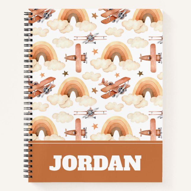 Cute Watercolor Rainbow Aeroplane Pattern Notebook (Front)