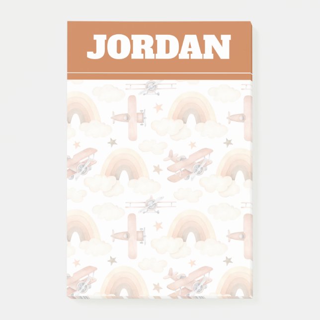 Cute Watercolor Rainbow Aeroplane Pattern Post-it Notes (Front)