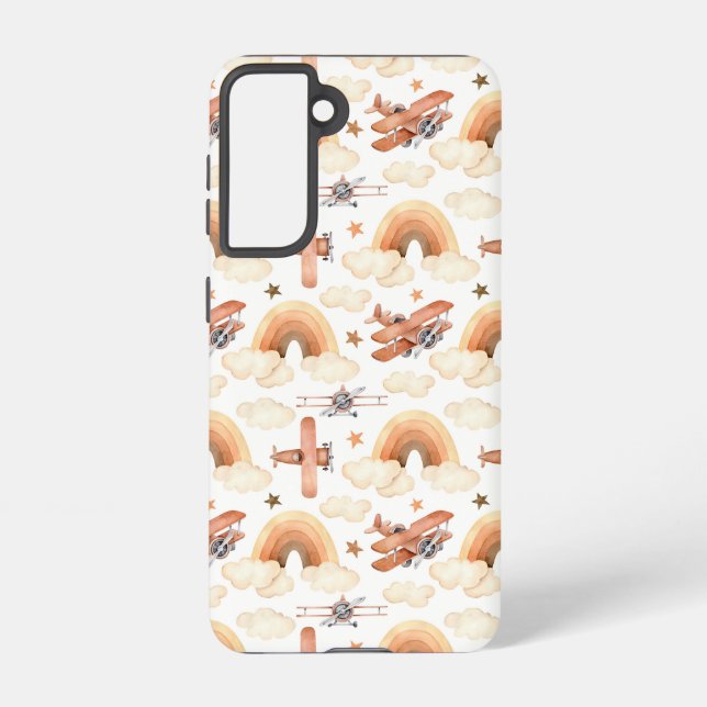 Cute Watercolor Rainbow Aeroplane Pattern Samsung Galaxy S21 Case (Back)