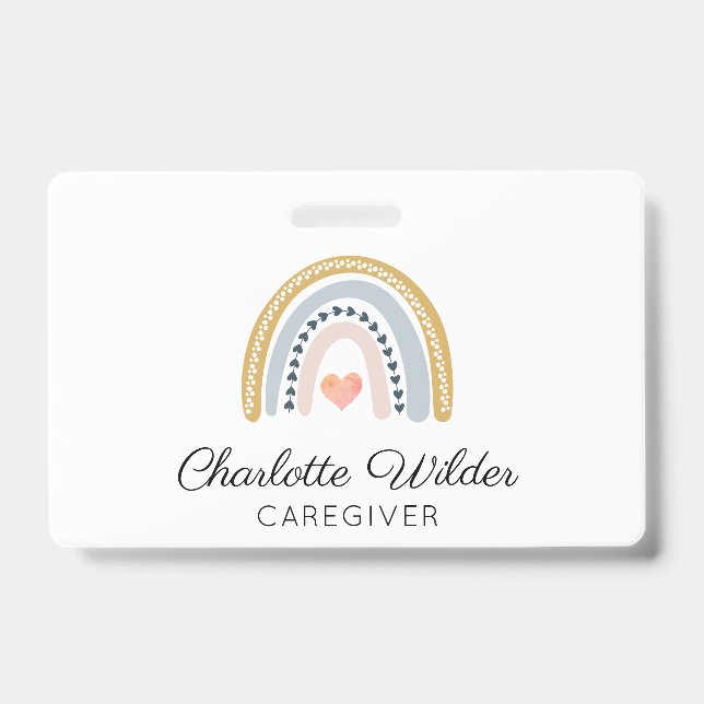 Cute Watercolor Rainbow Caregiver Business Card ID Badge (Front)