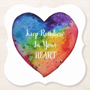 Cute Watercolor Rainbow Heart Paper Coaster