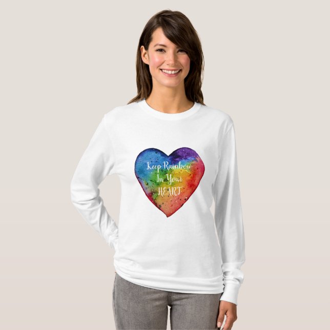 Cute Watercolor Rainbow Heart T-Shirt (Front Full)