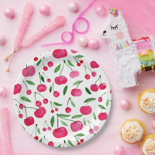 Cute watercolor red cherries pattern paper plate
