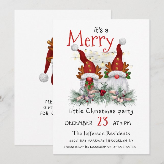 Cute Watercolor Red Gnomes Little Christmas Party Invitation (Front/Back)
