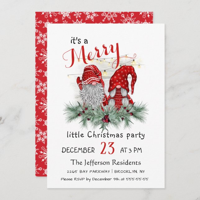 Cute Watercolor Red Gnomes Little Christmas Party Invitation (Front/Back)