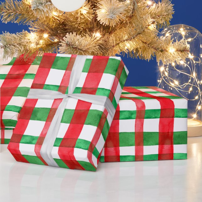 Cute Watercolor Red Green Holiday Plaid Christmas Wrapping Paper (Holidays)