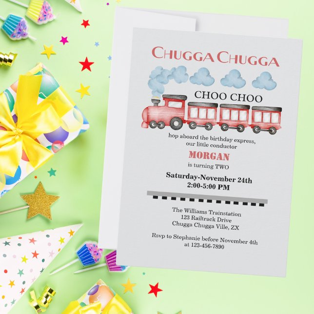 Cute Watercolor Red Train 2nd Birthday Invitation (Creator Uploaded)