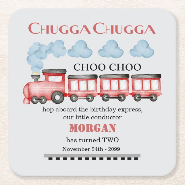 Cute Watercolor Red Train 2nd Birthday Square Paper Coaster (Front)