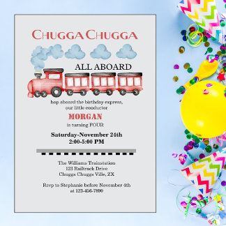 Cute Watercolor Red Train Any Age Birthday Invitation