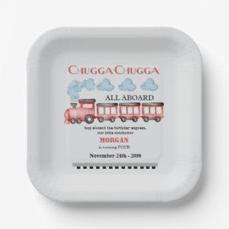 Cute Watercolor Red Train Any Age Birthday Paper Plate